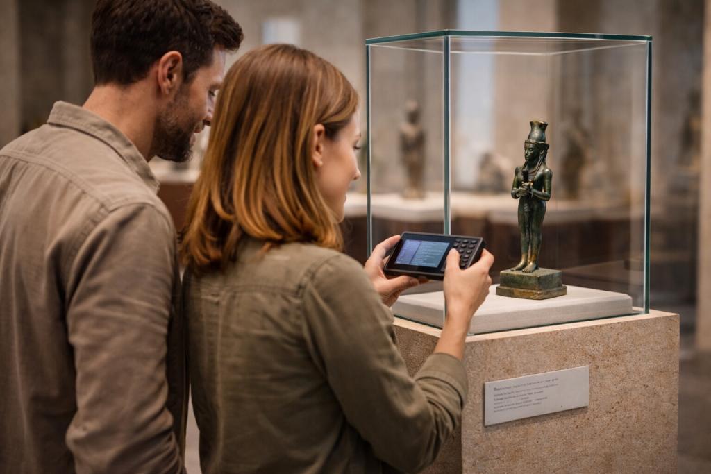 Eine Frau hält ein Museumsguide-Gerät während ein Mann hinter ihr sthet und sie beide auf das Gerät blicken. Im Hintergrund sieht man eine ägyptische Statue als Ausstellungsstück in einem Museum.