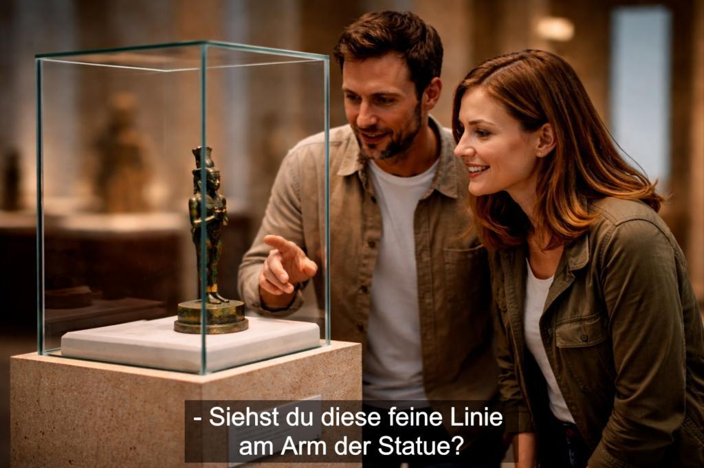 Eine Sezene im Museum: Frau und Mann sehen sich eine Figur in einem Glaskasten an. Darunter ist ein Untertitel mit der Aussage "Siehst du diese feine Linie am Arm der Statue?"